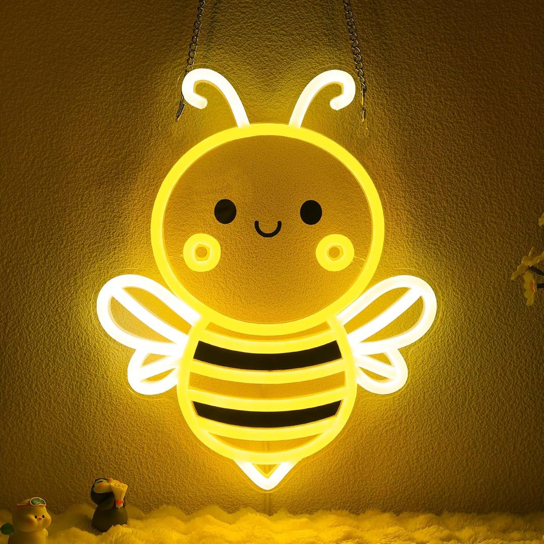 Bee Neon Sign Wall Art, Honey Bee Decor for Bedroom Living Room Office Patio Garden Stores, USB-Powered Energy-Saving Light with Hanging Kit, Gifts for Kids, Women, Beekeeper