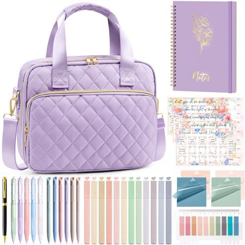 Bible Cover Case for Women, Large Bible Bag Bible Study Supplies Accessories Journaling Kit with Highlighters Tabs, Quilted Book Carrying Cases with Shoulder Strap, Christian Easter Gifts for Women