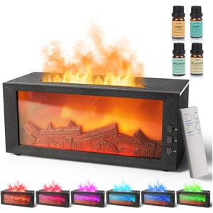 BOHOFAM Fireplace Essential Oil Aroma Diffuser,Flame Air Humidifiers 300ML,14Hour Runtime,Colorful Flame Diffusers for Home,Included 4 * 10ML Hotel Collection Diffuser Oils for Bedroom(Black)