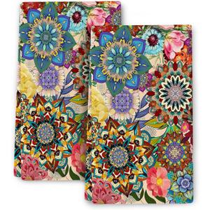 Wovoto Boho Floral Kitchen Towels Decorative Set of 2, Colorful Flowers Dish Towels for Kitchen, Absorbent Soft Hand Towel Tea Bar Towel for Kitchen Decor Cooking Baking Housewarming Gifts for Women