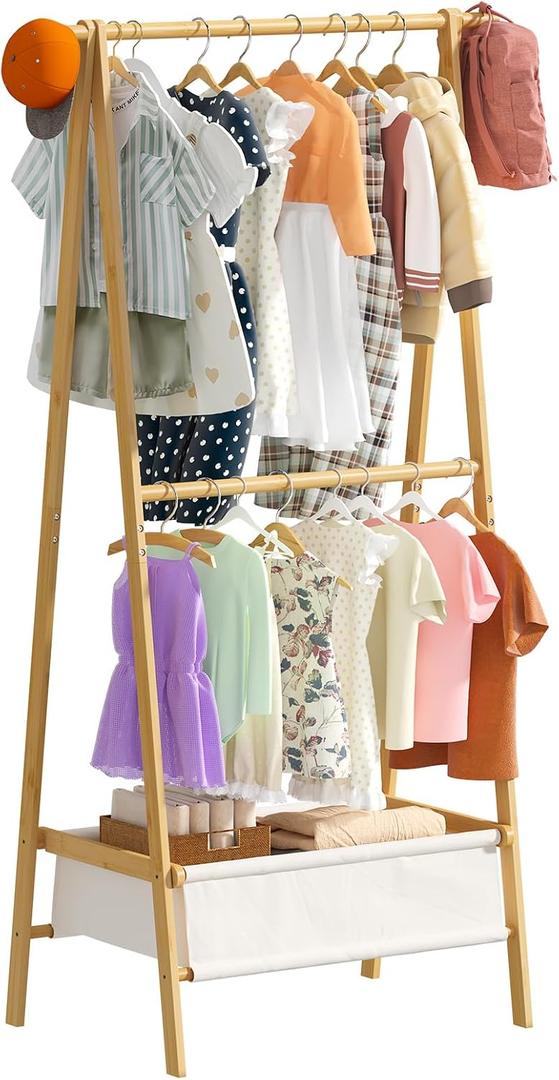 Kid Dress Up Rack - Clothing Rack with Storage Box, Dress Up Storage, Small Foldable Bamboo Garment Stand with Hanging Rods, Dress Up Holder
