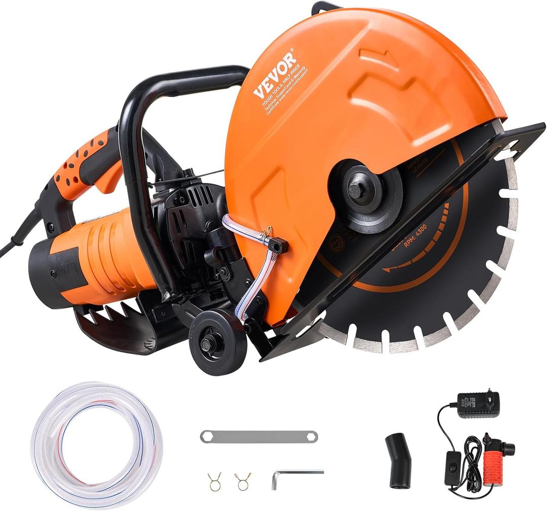VEVOR Electric Concrete Saw, 14 in Circular Saw Cutter with 5 in Cutting Depth, Wet/Dry Disk Cutter Includes Water Line, Pump and Blade, for Stone, Brick, Porcelain, Concrete, 2600W Motor