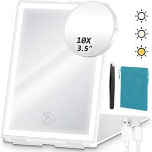2 x Travel Makeup Mirror with Lights Valentines Day Gifts for Her, Girlfriend, Wife, Birthday Gifts Rechargeable Portable Folding Compact LED Mirror Set with Tweezer 3 Color Light Modes