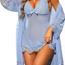 RSLOVE Women Sexy Lingerie Set 2 Piece Babydoll & Lace Kimono  Chemise Sleepwear Mesh Nightgown(L)