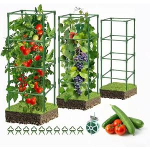3 Pack Tomato Cages, 42 Inch Heavy Duty Metal Square Tomato Cage for Raised Garden Bed, Rust-Proof Sturdy Tall Tomato Trellis Supports for Climbing Plants Outdoor with Clips Wire