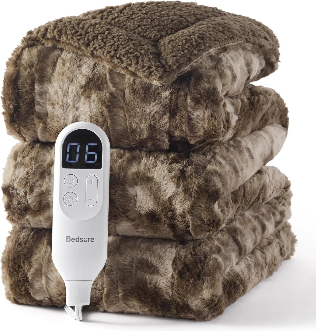 Bedsure Faux Fur Heated Blanket Twin Size, Fast Heating Electric Blanket Twin Size with 6 Heating Levels & 10 Time Settings, Cozy Gifts for Women Men (62x84 Inches, Dark Chocolate)