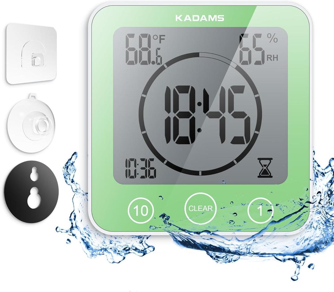 KADAMS Shower Clock Waterproof Bathroom Timer  Digital Wall Clock with Countdown, Magnetic Kitchen Clock with Temperature & Humidity, Suction Cup for Kids Shower Spa Cook Bath (Green)