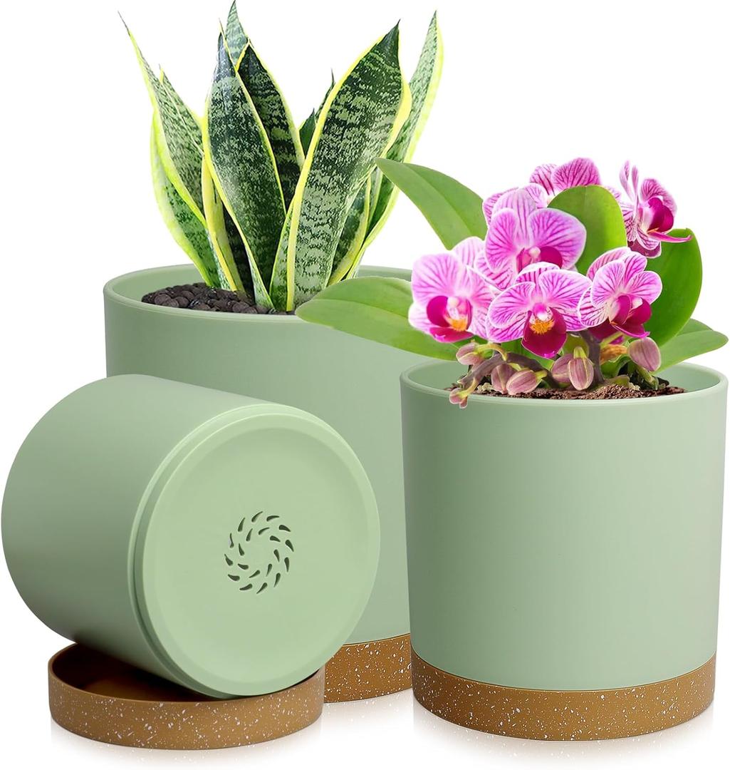 WSMKSZ 3 Pack 6/5/4 inch Cylindrical Flower Pots, Modern Small Round Plastic Plant Pots with Drainage Holes & Saucers, Clean and Refined Planter Pots for Outdoor, Indoor & Office Decor (Green Brown)