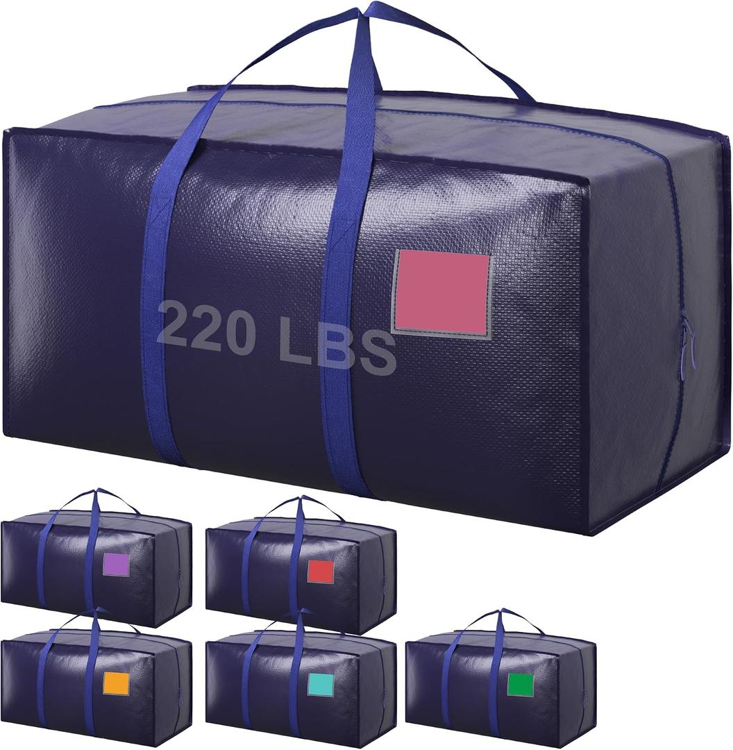 6 Pack Moving Bags Heavy Duty 210GSM with Full-Open Side Zipper, 93L 65lbs Waterproof Foldable Storage Totes for College Dorm Move-In, Moving Boxes Alternative & Home Organization, Blue