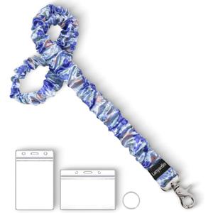 Lanyardio Stretchy Scrunchie Lanyard for ID Badges Keys, Cute Teacher Lanyard for Women with 2 Card Holders 19.6 Inch (Blue Flowers)