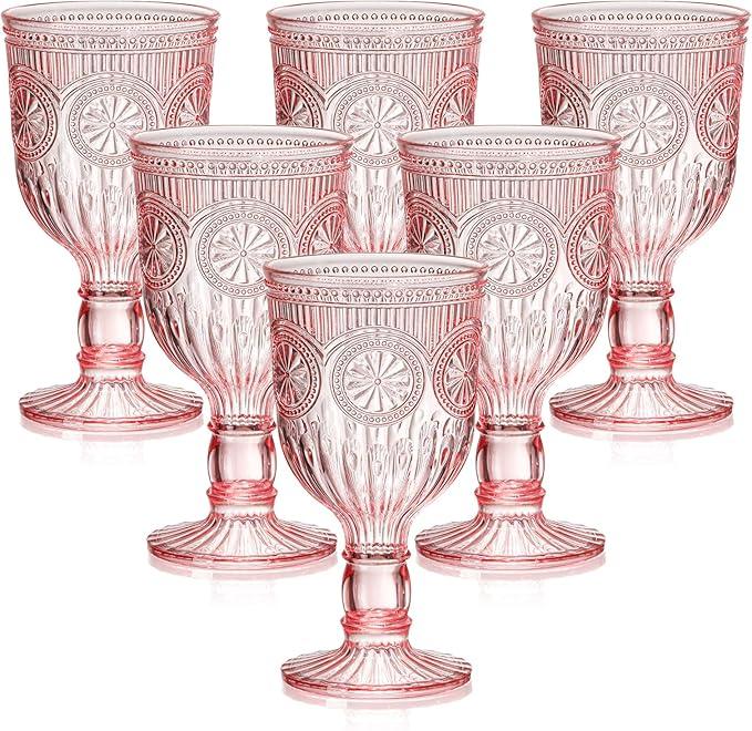 12 Oz Plastic Vintage Wine Glasses Goblets Drinking Glasses Sunflower Embossed Glassware Plastic Champagne Flutes Unbreakable Wedding Toasting Glasses Party Wine Cups for Bridal Shower Party (24, Pink)