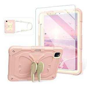 ACEMO for iPad Air 5th Generation Case iPad Pro 11 inch Case 4th 3rd for Kids Girls with Screen Protector, Butterfly Kickstand, Shoulder Strap, Pencil Holder Cover for iPad Air 4th Gen 10.9''  Pink