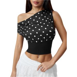 GORGLITTER Women's Polka Dots One Shoulder Y2k Crop Tops Asymmetrical Neck Short Sleeve T Shirt (S)