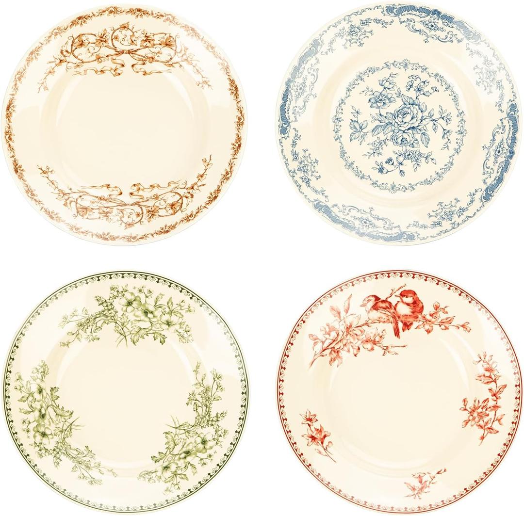 Dinner Plates, Ceramic Plates Set of 4, Round Plates Set, Floral Dessert Plate, Porcelain, Dishwasher Safe