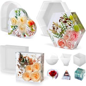 Resin Molds Silicone,Epoxy Resin Casting Craft Mold for Flower Preservation Bookends DIY Art (Hexagon+Heart+Square)