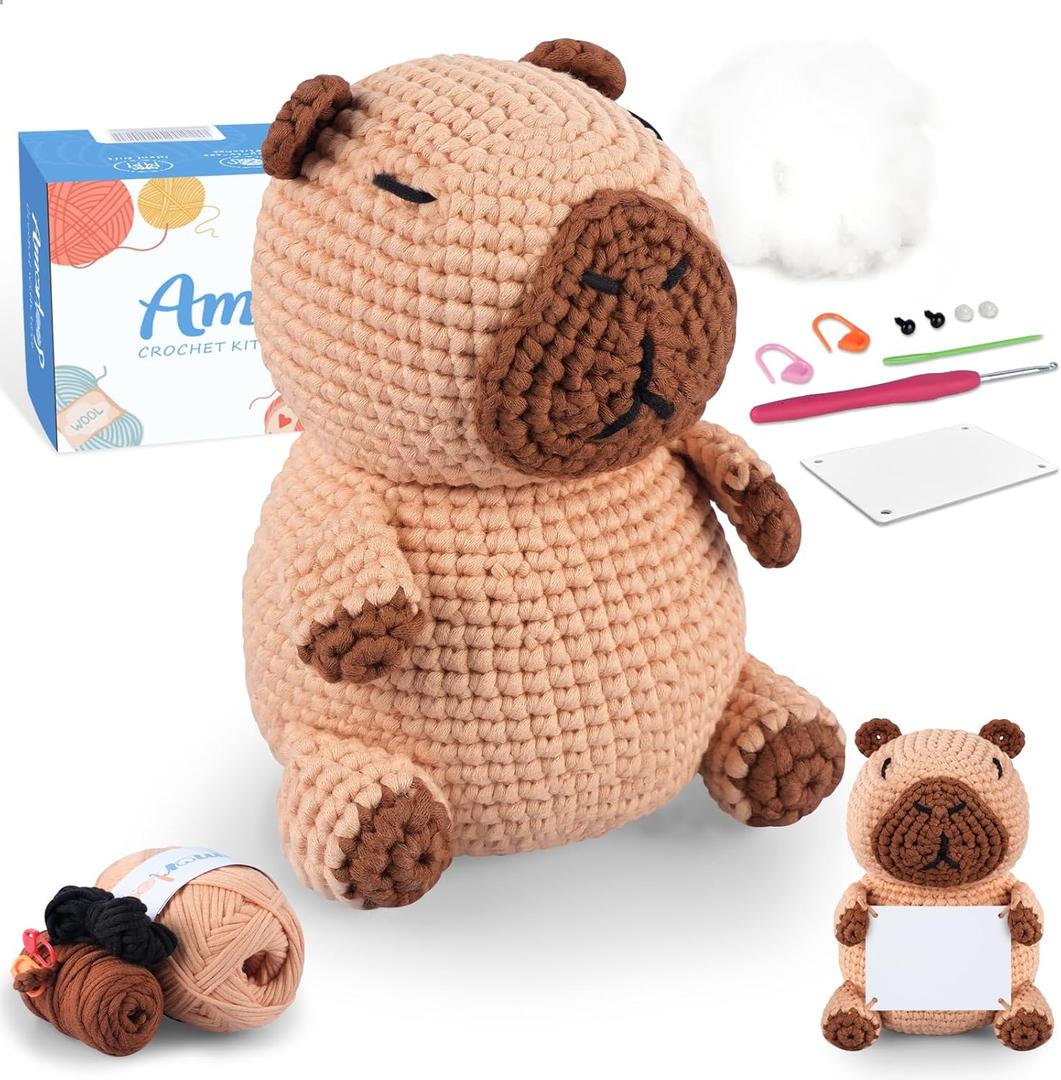 Crochet Kit for Beginners  Capybara Crochet Animal Kit with Pre-Started Yarn, Step-by-Step Video Tutorials for Adults&Kids, Writable Positive Card, Original Design Pattern - Perfect Christmas Gifts