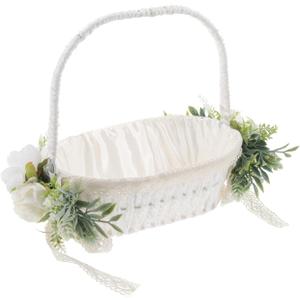 CHILDWEET White Wedding Flower Girl Basket with Lace and Artificial Flowers Satin Vintage Fairy Wicker Basket Romantic Elegant Wedding Party Decoration