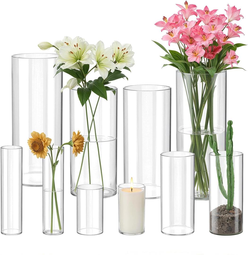 10 Pack Glass Cylinder Vase for Centerpieces, Clear Flower Glass Vases for Wedding Decorations, Hurricane Floating Candle, Holder for Table Centerpiece Wedding Home Dcor