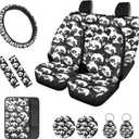12 Piece Panda Printed Car Seat Covers Full Set Includes Car Front/Back Seat Cover with Steering Wheel Cover Armrest Cover Seat Belt Pads Coaster Keychain, Auto Accessories, Black