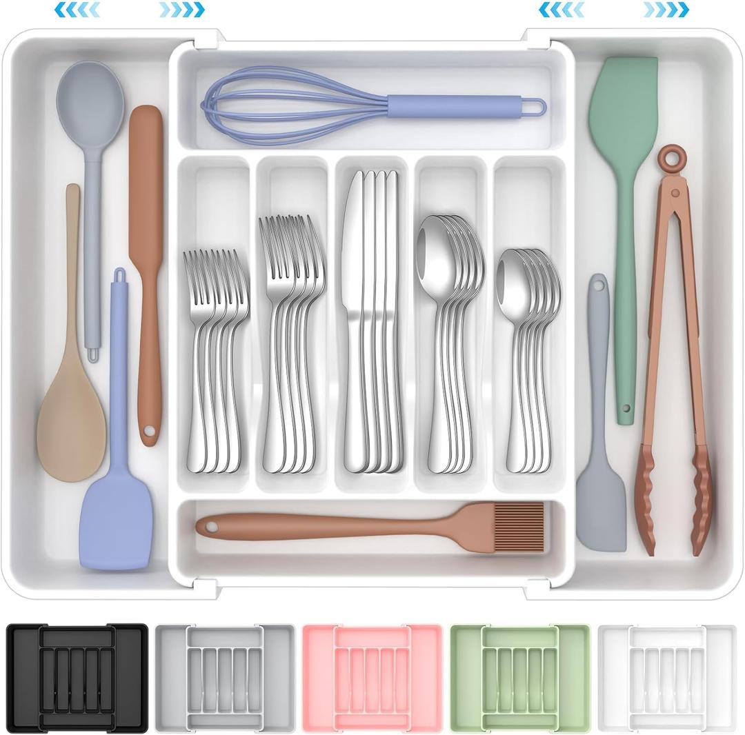 Expandable Silverware Organizer, BPA-Free Food-Safe Cutlery Flatware Organizer, Kitchen Utensil Drawer Organizer, Adjustable Silverware Holder for Spoons Forks Knives, White, 