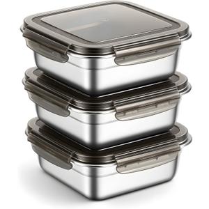 3 Pack 304 Stainless Steel Food Storage Container with Lids, 25.4 oz 304 Stainless steel freezer Containers Reusable Metal Meal Prep Lunch Boxes for Sandwiches and Snacks