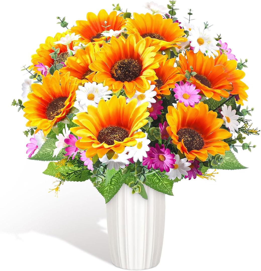 Giegxin 2 Bundles Memorial Day Sunflower Cemetery Flowers for Grave Vase Artificial Memorial Flower Bouquet 19.7Inch Fake Silk Floral Arrangement for Headstone Gravesite Outdoor (Sunflower Daisy)
