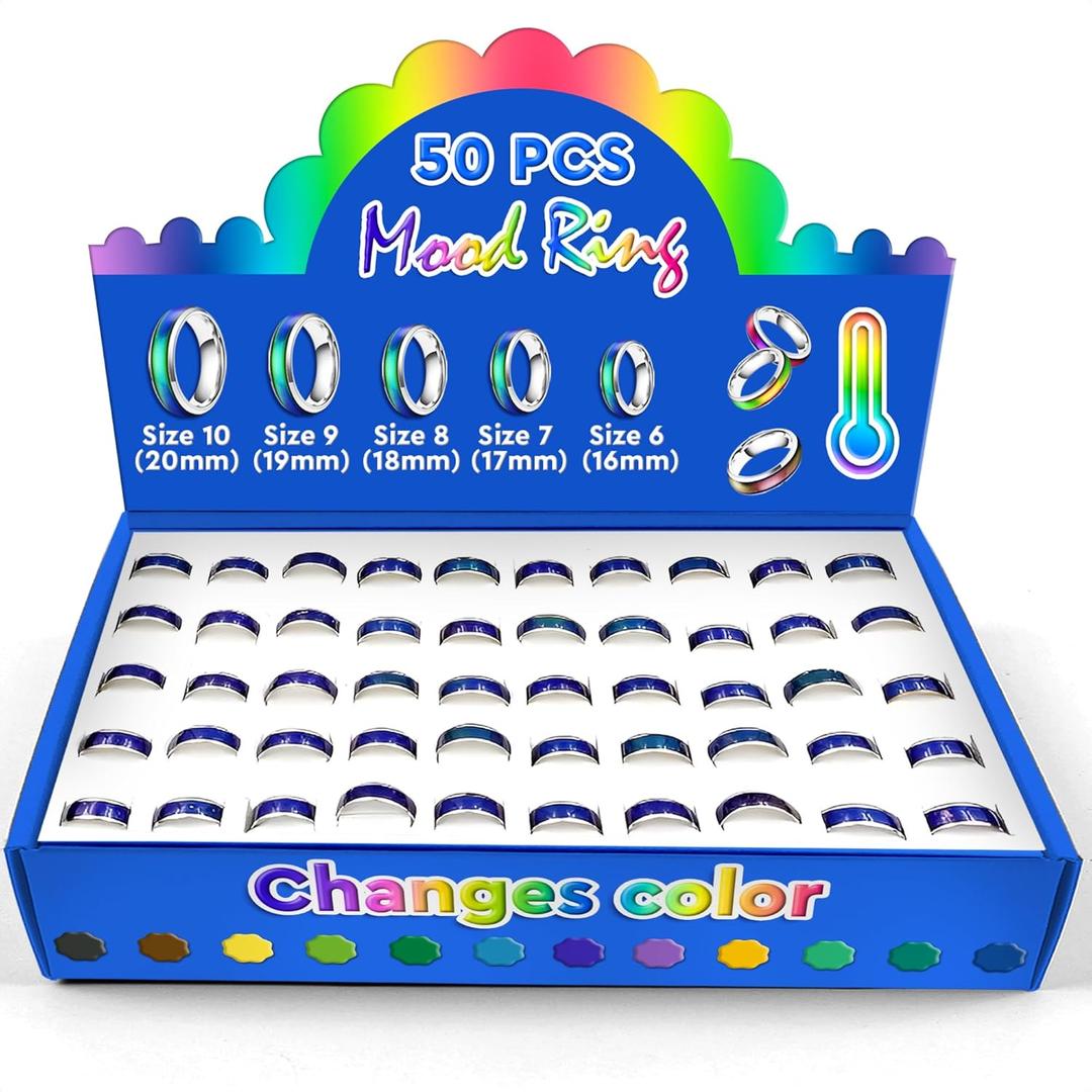 50 PCs Mood Rings for Women and Men  Color Changing Mood Ring in 5 Sizes (610)  Corrosion Resistant for All Ages with Unique Design, Suitable for Party Favors, Collections, and Thoughtful Gifts