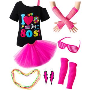 LATOBREATH Girls 80s Glow Party Accessories Set Halloween Costume Outfits T-Shirt Cosplay 1980s Clothing Funny (Black) 5T