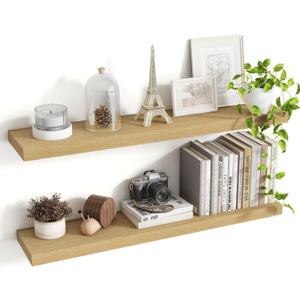 36 Inch Floating Shelves, 8 Inch Deep Floating Shelves for Wall, Hanging Shelf with Invisible Brackets, Deep Shelves for Bathroom, Bedroom, Living Room, Oak, Set of 2