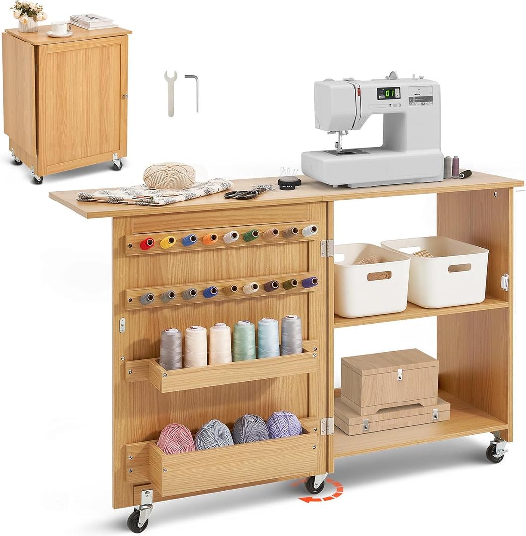 VEVOR Folding Sewing Table, Multipurpose Sewing Machine Table with Compact Design, Wheels, Shelves, Storage Trays, Wooden Pegs, and Magnetic Doors, Sewing Desk Cabinet for Sewing Machine, Wood Color