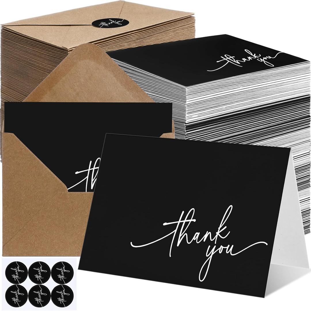Gueevin 200 Pcs Thank You Cards with Kraft Envelopes and Stickers Bulk, 3.5 x 5 Inch Classy Blank Thank You Notes for Wedding, Business, Graduation, Baby Shower, Bridal Shower, Funeral(Black)