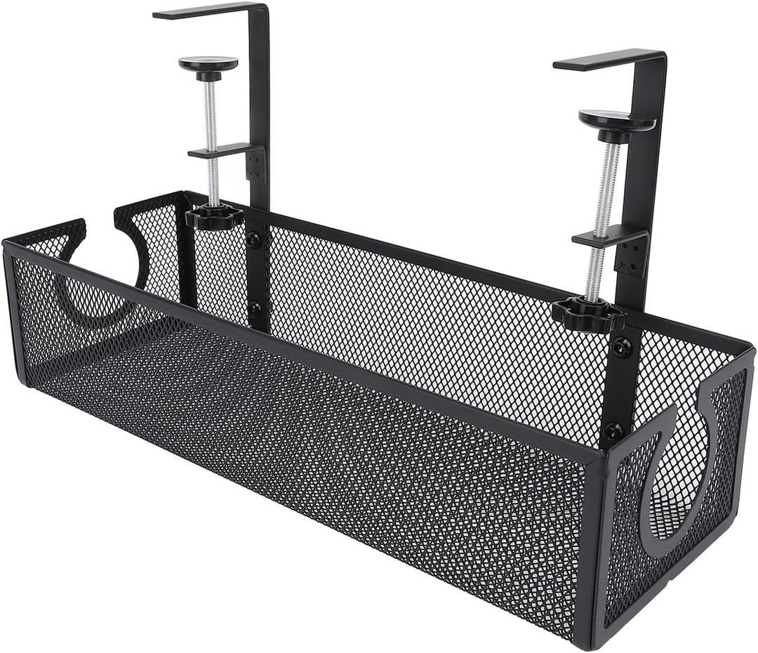 Desk Cable Organizer with Unique Circular Hole, Large Space Cable Management Tray, No Drill Cable Tray with Clamp Mount, Home Office Desk Cord Organizer for Desk Wire Management