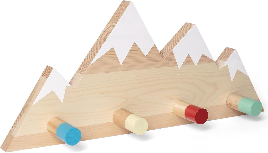 Mountain Wall Hooks - Woodland Nursery Decor - Wall Mount Organizer for Kids Coats & Towels with Colorful Hooks - Ideal Adventure Mountain Decor Baby Shower Gifts (Colored Pegs)