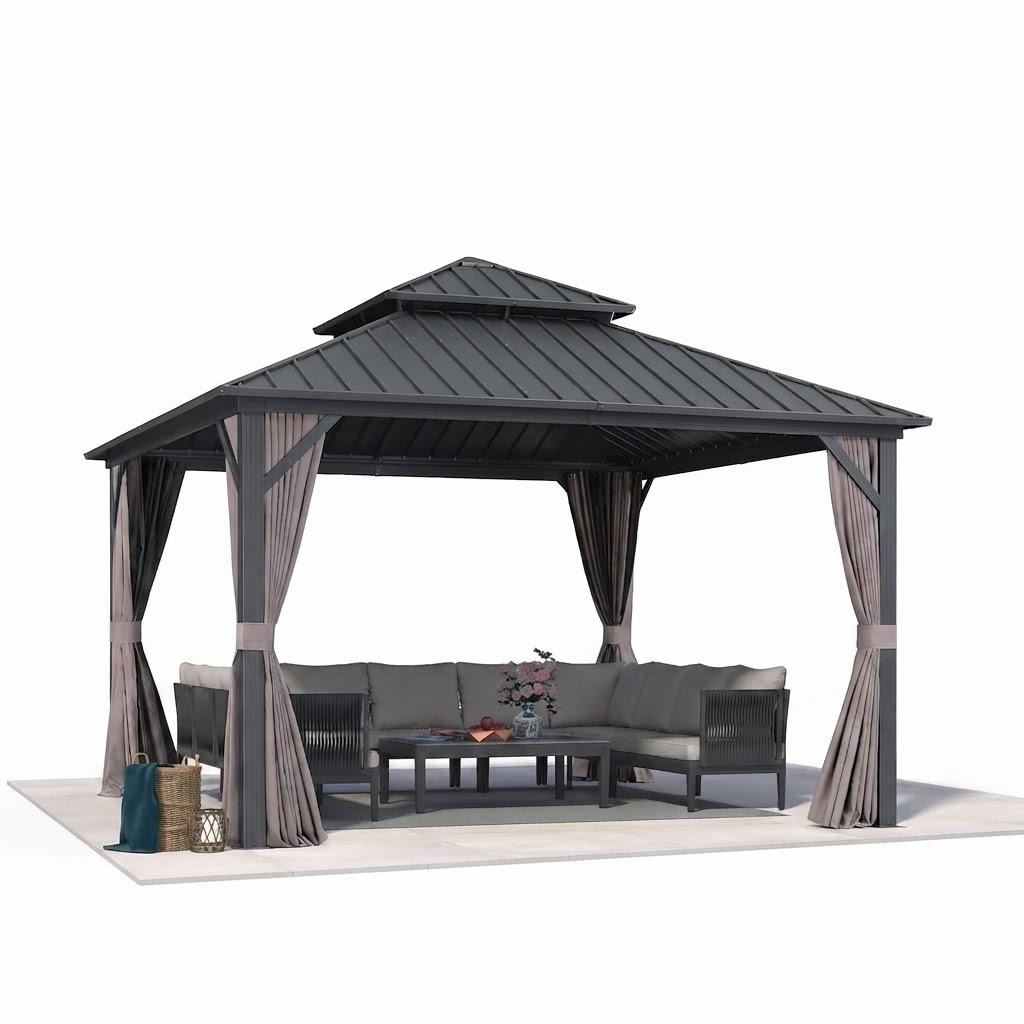 PURPLE LEAF Patio Aluminum Hardtop Gazebo 12' x 12' Privacy Curtain, Grey | 3.9" Thick Posts, Air Circulation, Heavy-Duty Aluminum Frame, Stay Cooler Longer, 110 GSM Textilene Netting, Ceiling Hooks