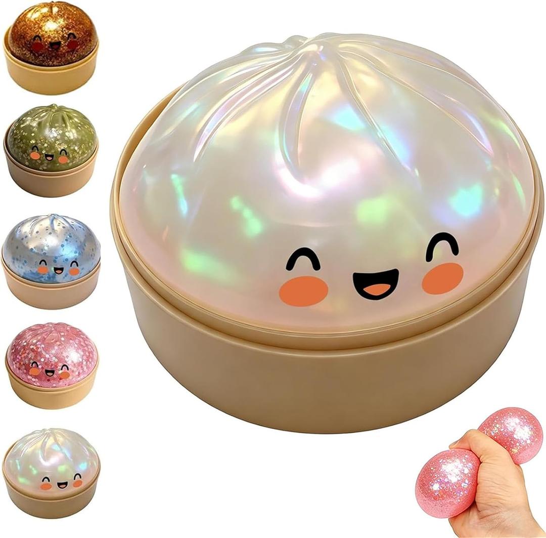 Glitter Dumpling Squishy with Steamer Box, Stress Relief Squeeze Fidget Toy, Glitter Mystery Dumpling Toy for Adults & Kids, 5 Color Options (White)