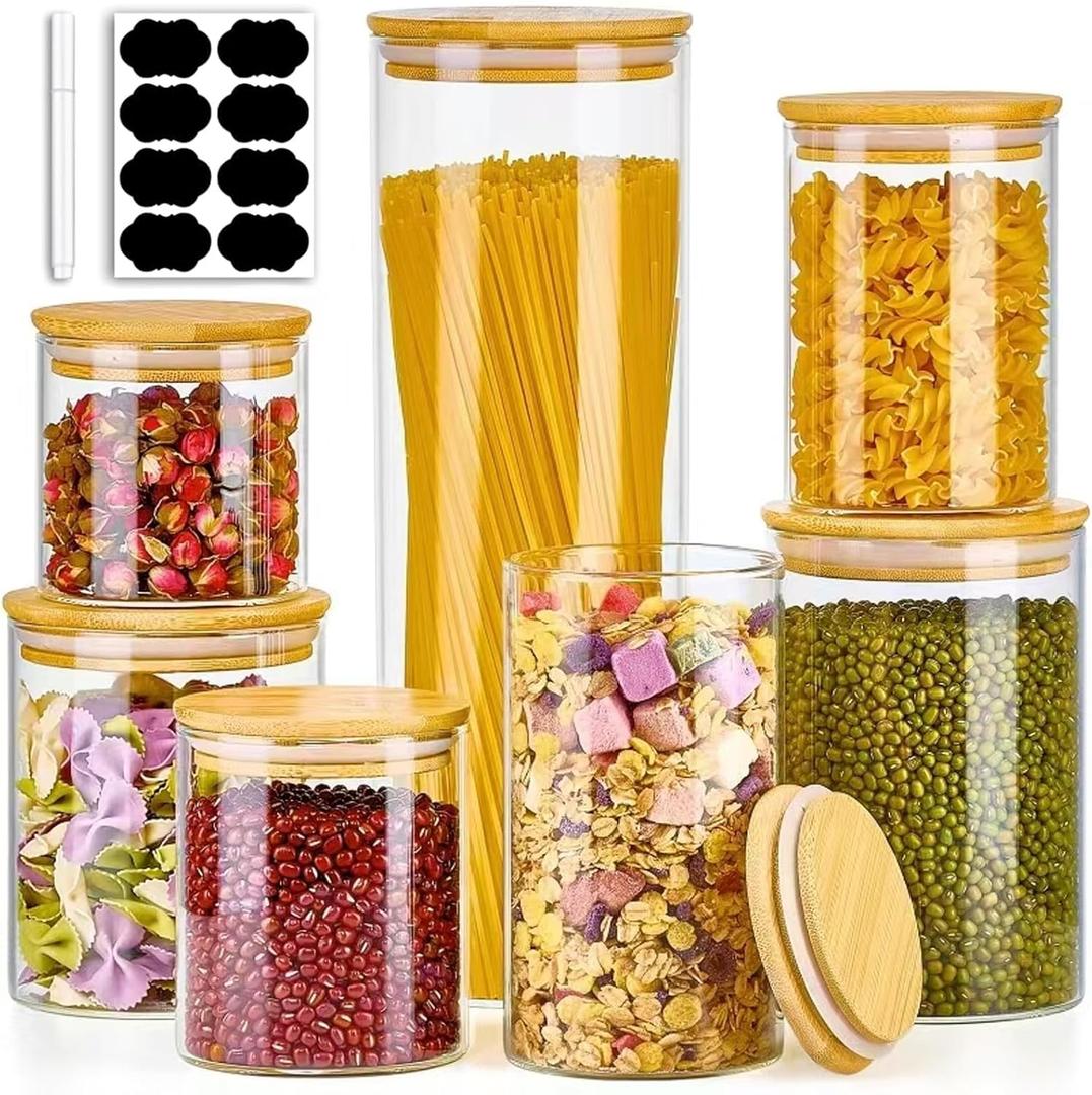 7 Pack Thicker Glass Food Storage Jars with Airtight Bamboo Lids, Clear Glass Storage Containers, Glass Canisters Set for Pasta, Nuts, Coffee Beans, Kitchen Pantry Organization Jar, BPA Free