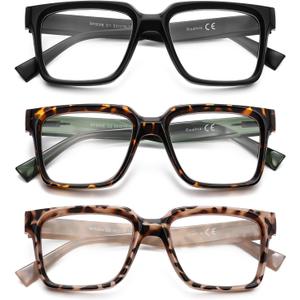 Oversized Reading Glasses Women Oprah Style Blue Light Blocking Computer Readers Designer Ladies Large Frame Square (+1.50, Pack of 3)
