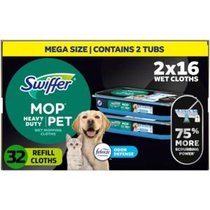 Swiffer Sweeper Pet Heavy Duty Multi-Surface Wet Cloth Refills for Floor Mopping and Cleaning, Fresh scent, 16 count, Pack of 2