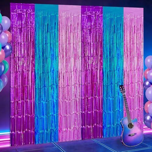 2 Pack Purple Blue Pink Foil Fringe Curtains Backdrop Birthday Party Decorations, 3.28 x 6.56 Ft Music Themed Tinsel Streamer Banner Photo Booth Props for Mermaid Sea Party Decor Supplies Favors