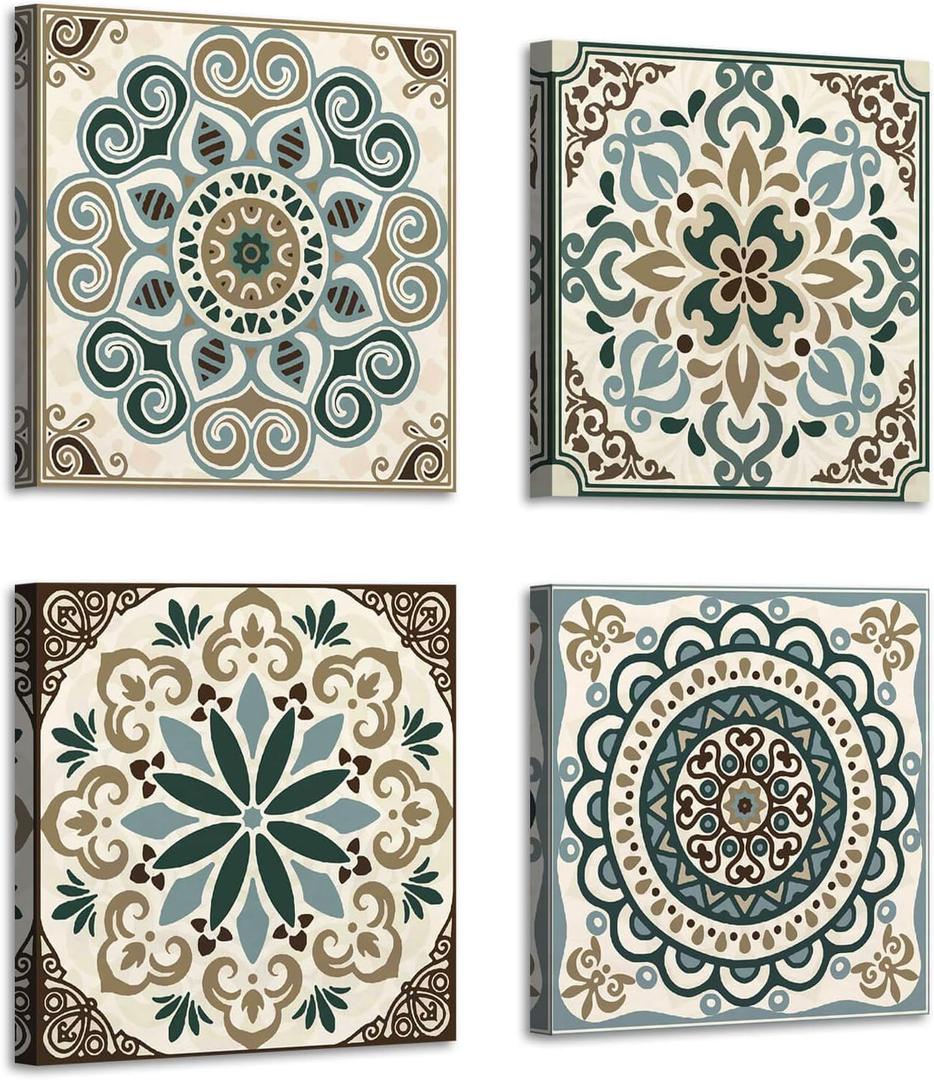 ARTISTIC PATH Bohemia Pattern Printing Wall Art: Vintage Flower Pattern Canvas Wall Decoration Artwork for Bedroom (12" W x 12" H x 4 PCS, Multi-Sized)