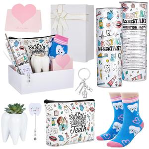 Patelai 6 Pcs Dental Hygienist Gifts for Women 20 oz Cup Makeup Bag Ceramic Toothbrush Pot Socks Tooth Shape Felt Badge Holder Keychain with Box Christmas Dentist Gift for Dentist Assistant Coworkers