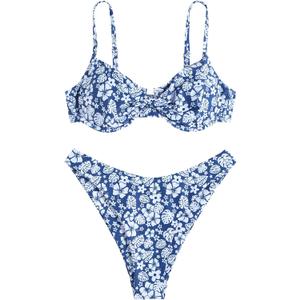ZAFUL Women's Twist Front Bikini Sets Underwire Tie Back Bikini High Waisted Two Piece Swimsuit (1-floral Navy Blue) S