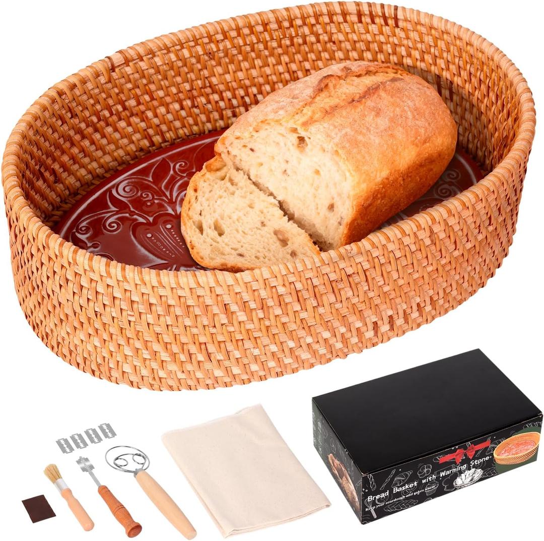 Bread Basket with Warming Stone and Cloth -Terra Cotta Bread Warmer, 12.7 * 8.2 Oval Bread Basket with Warmer - Gifts for Hostess House Warming Baker Christmas -Bread Warmer Cesta De Pao De Piedra