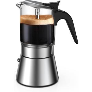 SIXAQUAE Moka Induction Stovetop Espresso Maker,Crystal Glass-top & Stainless Steel Espresso Moka Pot,Classic Italian coffee maker,240ml(6cup)