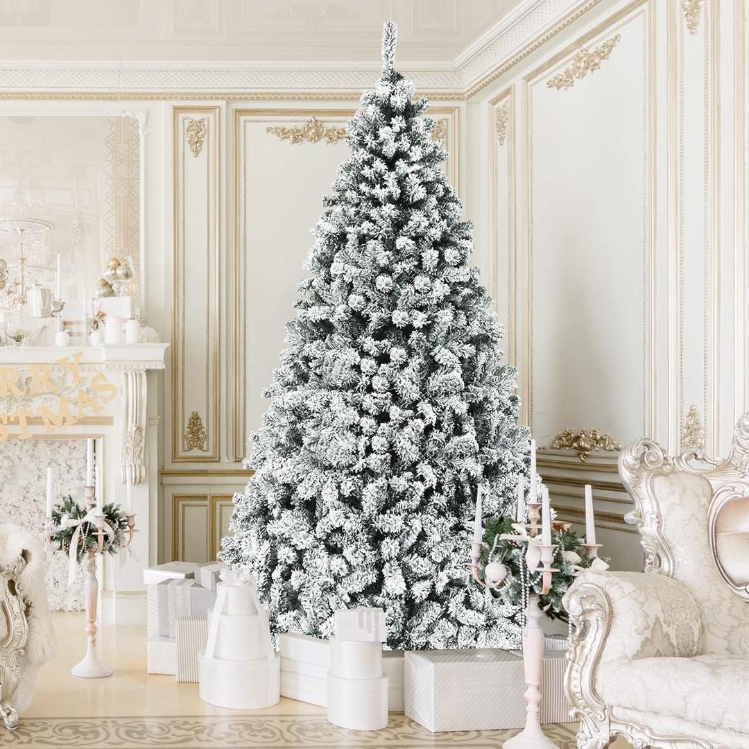 9 FT Pre-Lit Christmas Tree, Snow Flocked Hinged Xmas Tree with 1498 Branches Tips & 550 LED Lights, Metal Stand, Artificial Pine Lighted Holiday Tree for Home Office Decorations, White