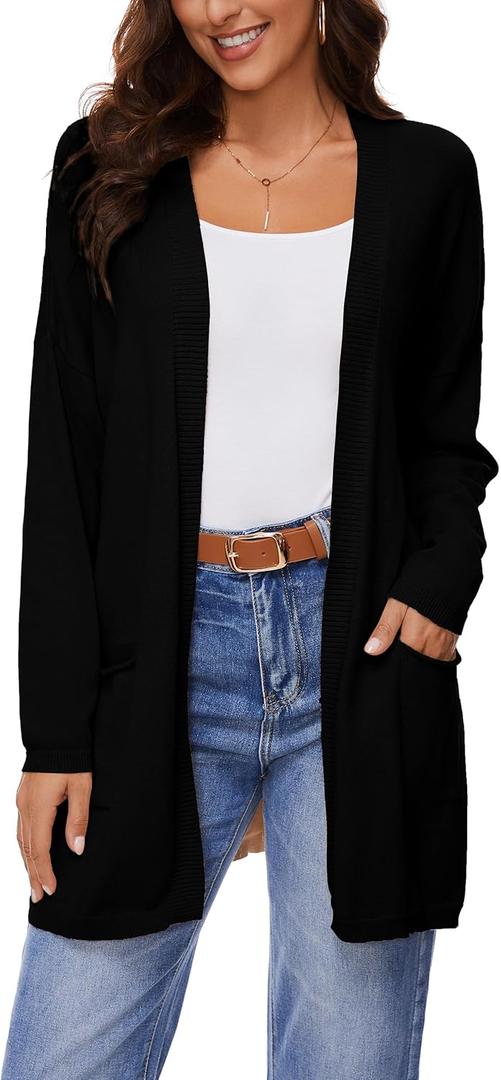 Women's 100% Cotton Lightweight Open Front Cardigans with Pockets Oversized Knit Casual Sweaters Outwear (X-Large, Black)