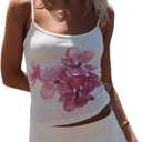 Multitrust Women Sleeveless Floral Crop Tank Tops Slim Fit Y2K Spaghetti Strap Going Out Tops Scoop Neck Vintage Grunge Cami Top (E White, L), Large