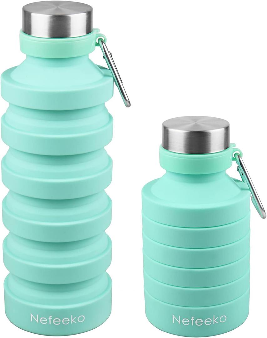 Nefeeko Collapsible Water Bottle, Reuseable BPA Free Silicone Foldable Water Bottles for Travel Gym Camping Hiking, Portable Leak Proof Sports Water Bottle with Carabiner (Mint Green-27oz)