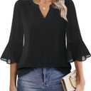 Womens 3/4 Sleeve Tops Dressy Casual Chiffon Blouses Floral Print V-Neck Work Office Shirts size M
