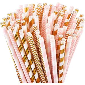 ALINK Biodegradable Paper Straws, 100 Pink and Gold Straws for Party Supplies, Birthday, Wedding, Bridal/Baby Shower, Christmas Decorations and Holiday Celebrations